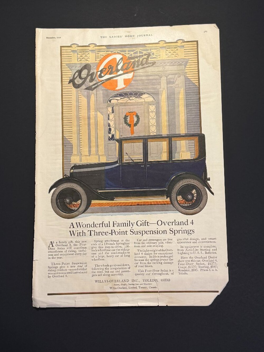 Willy's Overland 4 Door Sedan Ladies Home Journal Dec 1919 Magazine Advert